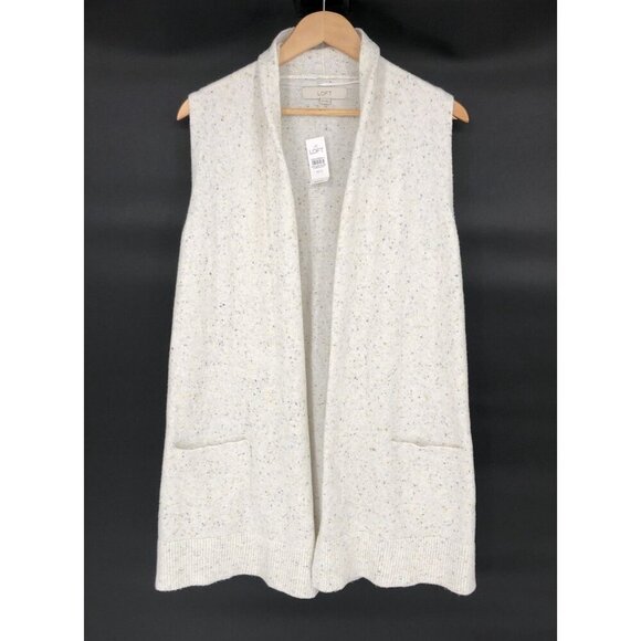 NWT Loft Open Front Duster Sweater Vest Women's XS-S White Speckled Pockets - Picture 1 of 7